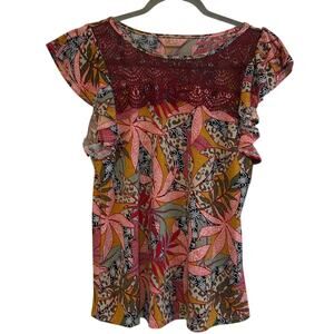 Amana Boho Blouse M Lace Neck Ruffle Sleeve Raised Print Made in Mexico